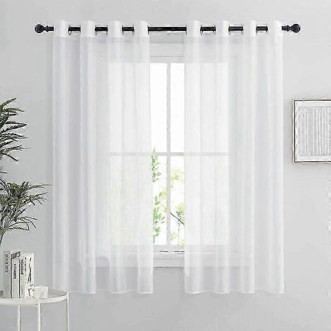 Rideaux blancs transparents - Lot de 2 rideaux courts 132 x 160 cm, décoration chambre/cuisine, en tulle organza à œillets, blanc transparent, lot de 2. (1/4)