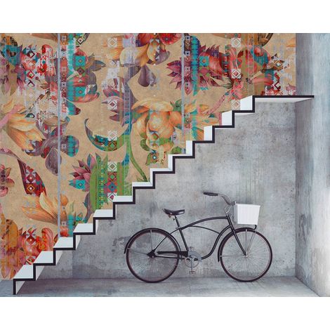 Papier peint panoramique floral exotique orange | Tapisserie panoramique fleurie ethnique pour chambre adulte | Papier peint panoramique pour escalier - 270 x 400 cm (4 pièces) (1/5)