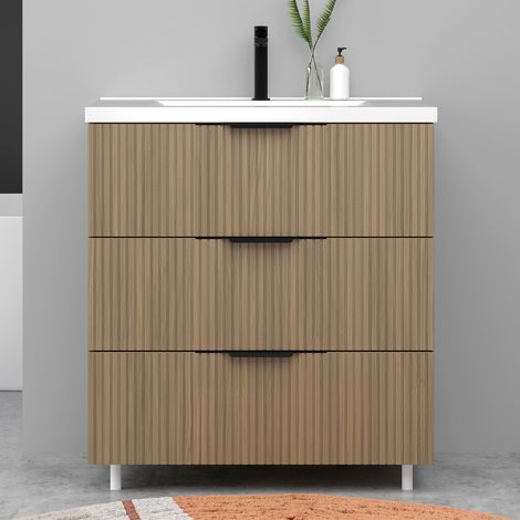 Meuble de salle de bain suspendu Strié 80cm avec poignées + simple vasque + 3 tiroirs, Noyer