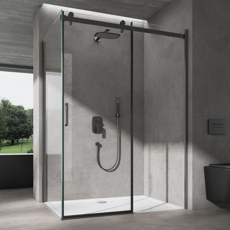 doporro Duschkabine Eckdusche 100x120x195cm Duschabtrennung Schwarz 8mm ESG-Sicherheitsglas Klarglas Schiebetür mit weißer Duschtasse inkl.Nano-Beschichtung Ravenna19 (1/5)