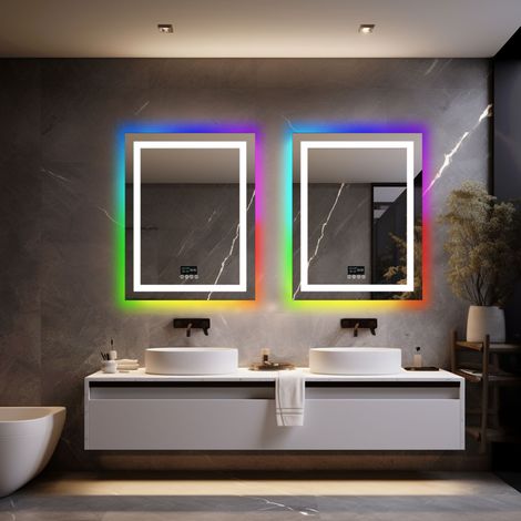 RGB Colorful Smart LED Illuminated Fog-free Extra Large Bathroom Mirror with Bluetooth Speakers, Time and Date Digital Display - Rectangular 700mm x 900mm