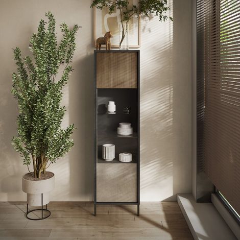 Vitrine moderne 1 porte vitrée bois et travertin EZE (1/5)