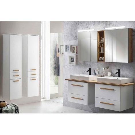 Badmöbel Set mit 165cm Doppel-Waschtisch DABO-04 in weiß mit Landhaus Eiche, B/H/T 250/200/50 cm (1/5)