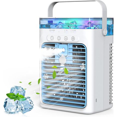 Climatiseur Mobile 4 en 1, Mini Climatiseur Portable sans Évacuation, Ventilateur Climatiseur USB, 3 Vitesses, 2 Modes Brumisation, Réservoir 1000ML, Minuterie 2/4/8H, Silencieux pour Chambre Voiture (1/5)