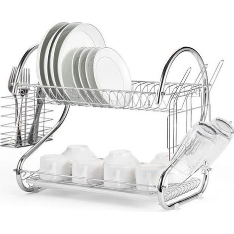 1 Égouttoir vaisselle, acier inoxydable, 2 niveaux, plateau récupérateur amovible, pour cuisine moderne et petits espaces