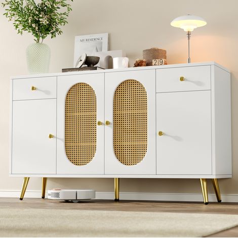 Credenza in truciolare bianco e naturale, 4 ante, 2 cassetti, ripiani regolabili, 140 x 35 x 82 cm (1/5)