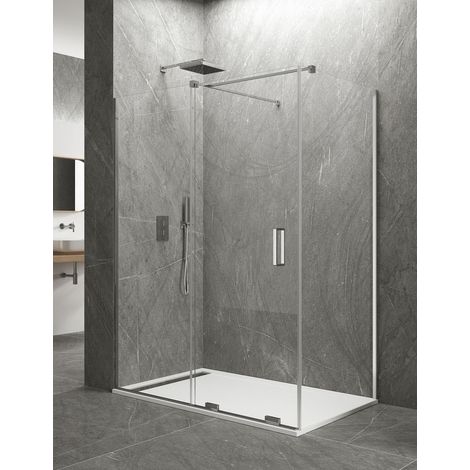 ALLSTONE KERES Duschwand - Duschkabine 1+1 Mit Fester Seite ohne Unter- und Oberprofil Glas 8 mm 150x80 cm Senkrecht Stabilisierungsstange (1/4)