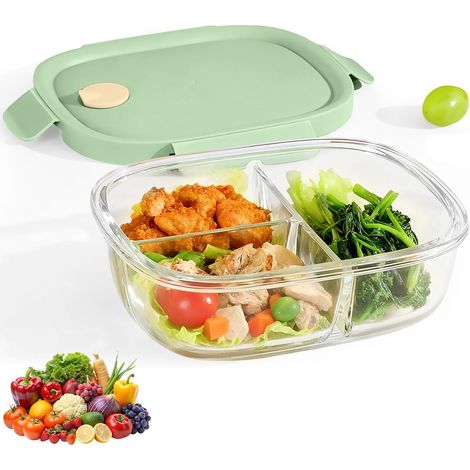 Boîte à lunch 900 ML avec 3 compartiments, récipient de rangement alimentaire, boîte scellée avec couvercle, récipient en verre pour Bureau, école, micro - ondes, four, réfrigérateur, congélateur (ver (1/5)