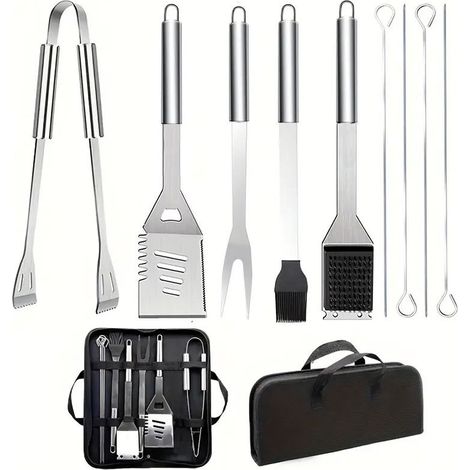 CYRILL –Ensemble d'ustensiles de barbecue en acier inoxydable 9 pièces avec sac de transport , pelle , brosse métallique , pinces et fourchette , accessoires de cuisine en plein air et de camping (1/4)