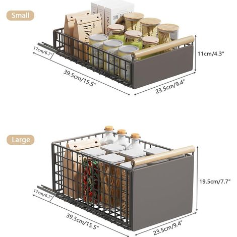 Set mit 2 faltbaren Schiebeschubladen ohne Bohren oder Kleben, Schiebekorb für Küchenschrank, Aufbewahrungsschieber, Teleskop, Grau Groß + Klein