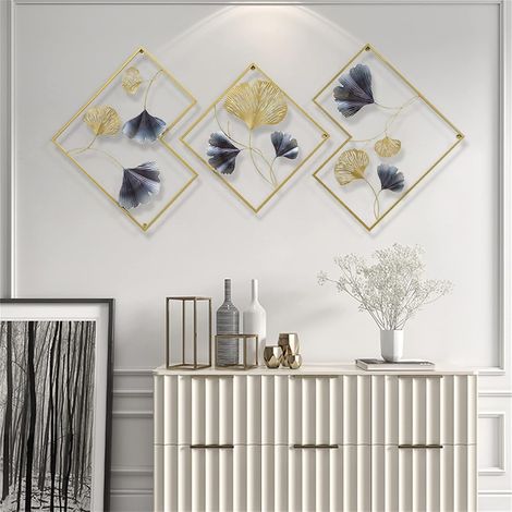 Lot de 3 décorations murales en métal en forme feuille ginkgo Décoration murale dorée pour salon, chambre à coucher, salle à manger 164 x 70,5 cm (1/5)
