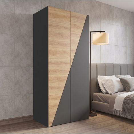Armadio guardaroba 90x50x200 cm, asta appendiabiti e portapantaloni, 2 cassetti, MDF e acciaio grigio carbonio effetto legno (1/5)