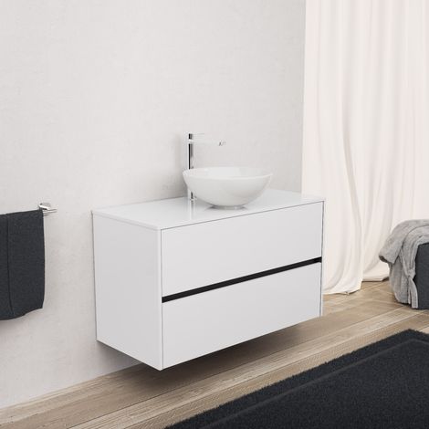 Inda - Badezimmerschrank 2 Schubladen L.100 mit Aufsatzwaschbecken / Glänzendes Weiß - diamante (1/5)