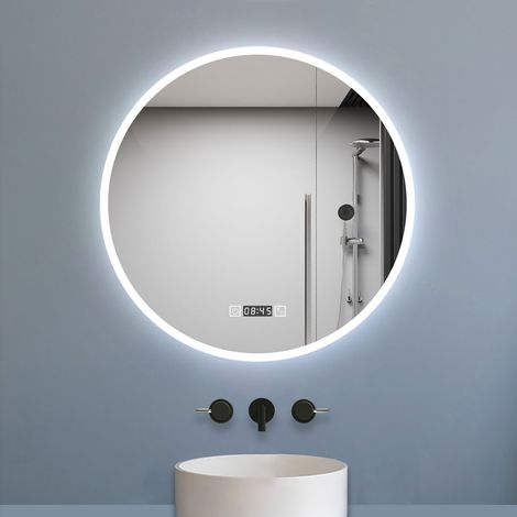 Aica Miroir de salle de bain rond 80x80cm avec Horloge, LED, Tricolore, Anti-Buée