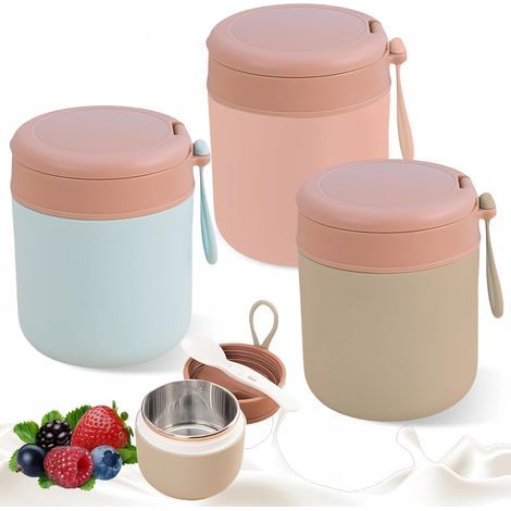 Set di 3 contenitori termici in acciaio inox, set di 3 ciotole termiche con cucchiaio, 430 ml, isolamento sottovuoto per bambini (blu + rosa + verde) (1/5)