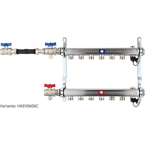 Heizkörperverteiler aus Edelstahl für 6 Heizkreise - mit WMZ-Anschlussset 110 mm waagrecht (1/3)