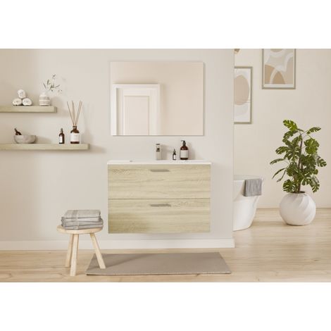 Meuble de salle de bain MINAO 80 en kit - 2 tiroirs - Bois Clair - Faible profondeur