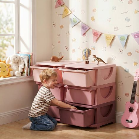 Organisateur de jouets pour enfants à 3 niveaux avec 6 tiroirs, boîtes de rangement en plastique, 75x37x56,5cm, rose (1/5)