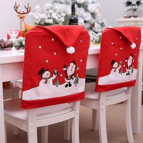 Ensemble de 4 housses de dossier de chaise rouges décoratives pour Noël, avec Père Noël, bonhomme de neige et chapeau. Housse de siège de chaise amovible pour Noël.