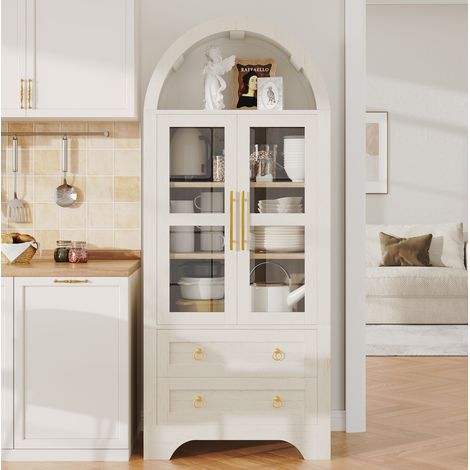 Credenza alta 76,2x40,1x180 cm con 2 cassetti, ante in vetro, ripiani regolabili, mobile sala da pranzo - bianco (1/5)