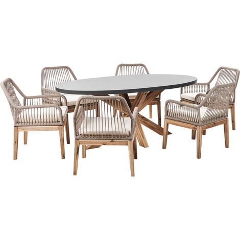 Conjunto de Mesa y sillas de jardín moderna de cemento con base de madera de acacia gris y beige claro madera clara Oristano/Olbia (1/5)