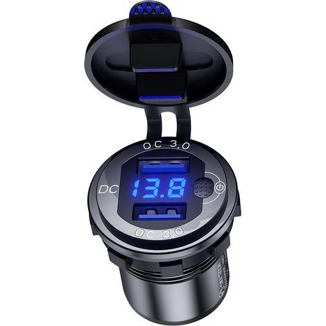 Conector USB doble para motocicleta Biketec QC 3.0 - 36 W Con voltímetro Montaje en superficie plana (carenado, baúl) O en el manillar - se necesita el adaptador BTMUS28