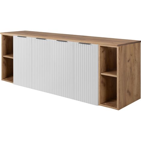 Furnidea - Meuble sous vasque suspendu FLOW BLANC 160 cm avec 2 x l'étagères - extensions et plan CHÊNE - 4 portes - façades rainurées (1/5)