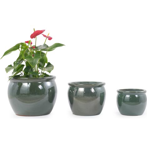 Pot de fleurs en céramique artisanal Ø 37 cm, émaillé vert bleu antique, pour intérieur et extérieur, style vintage, grand format pour plantes et petits arbres - CHICFURN (1/5)