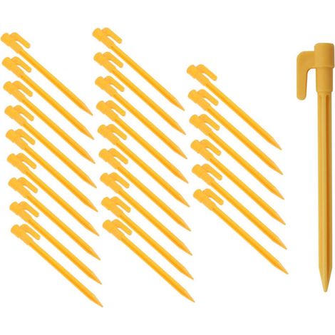 Pack of 100 plastic tent pegs, tent stakes, line pegs for robotic lawnmowers, for camping and gardening, yellow (1/5)