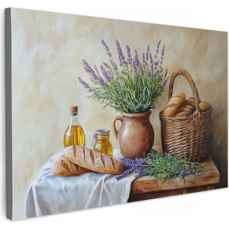 TABLEAU SUR TOILE Lavande - Pain - Nature morte Tableau Cuisine Décoration murale 90x60 cm