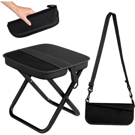 Tabouret Pliant Camping, Tabouret Pliant Portable, Mini Chaise Pliante Portable avec Filet et Bretelles, Siège de Camping Portable(Noir) (1/5)