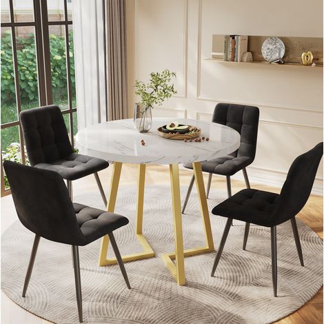 Set da pranzo con tavolo e 4 sedie in MDF e metallo, multicolore, tavolo rotondo Ø80x75 cm, sedie in velluto (1/5)