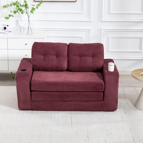 Sofa 2-Sitzer modular mit Getränkehaltern Cord Weinrot OKMYHOME (1/5)