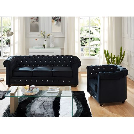 Canapé 3 places et fauteuil CHESTERFIELD - velours noir et boutons effet cristal (1/4)