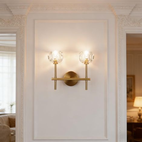 Applique Murale en Cristal Dorée, Lampe Boule, G9, Lumière Chaude Applique Murale Moderne Luxe avec Ampoule, Art Deco, Idéale pour Chambre Chevet Salon Couloir Salle à Manger-2 Lumières,Ø12cm (1/5)
