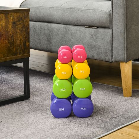 Ensemble de 4 haltères hexagonales, 20 kg au total, acier et polyuréthane, de 1 à 4 kg, multicolores