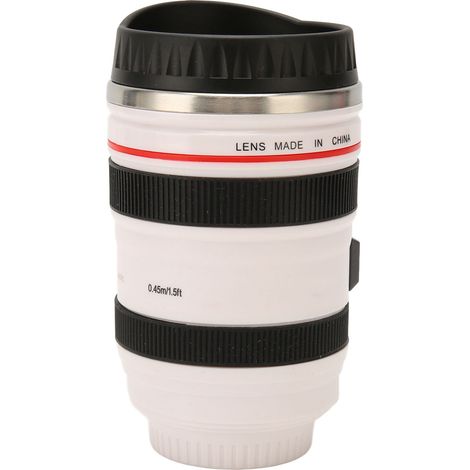 Tasse de café objectif d'appareil photo en acier inoxydable avec couvercle, doublure intérieure en inox, blanc, pour hommes et femmes, tasse de voyage photographe (1/5)