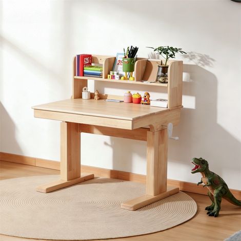 Bureau Enfant - 92x60x89cm - Évolutif Réglable par Manivelle avec Plateau Inclinable 0-43° & Rangement Bois Massif - Naturel (1/5)
