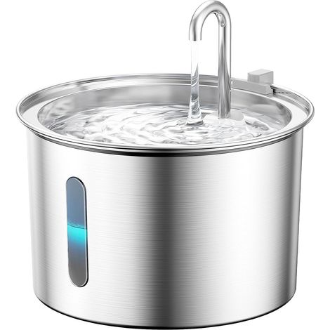 Fontaine à Eau pour Chat en Acier Inoxydable, 2 L Super silencieuse 30dB, fenêtre de Niveau d'eau, 3 filtres à Charbon Actif, eau pure, Passe au Lave-Vaisselle, lumière LED (1/5)