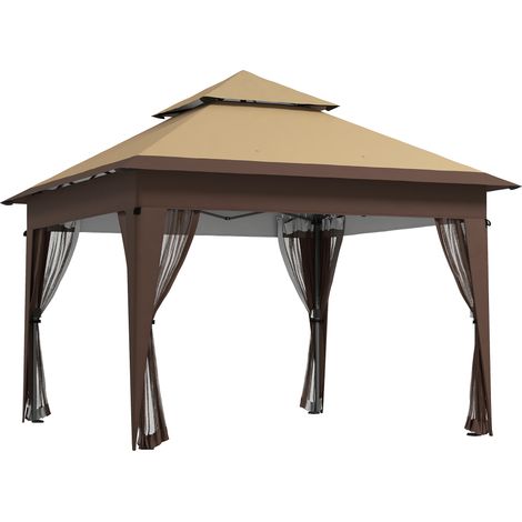Outsunny 3 x 3(m) Pop Up Gazebo with Mosquito Netting, 1 Person Easy up Marquee Party Tent with 1-Button Push, Double Roof, Carry Bag, Sandbags, Height Adjustable Instant Shelter, Khaki