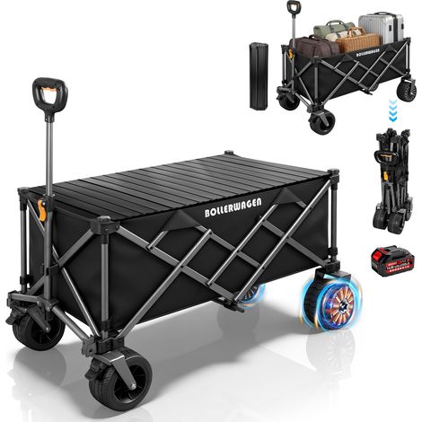Chariot Pliable électrique 280L 120KG avec 50W Double Moteur Sans Balai, avec Plateau, 4.0AH Batt. 3 Vitesses, Compat. Makita 14.4V Batt. Enfants de Transport de Jardin pour Courses Camping, Noir (1/5)