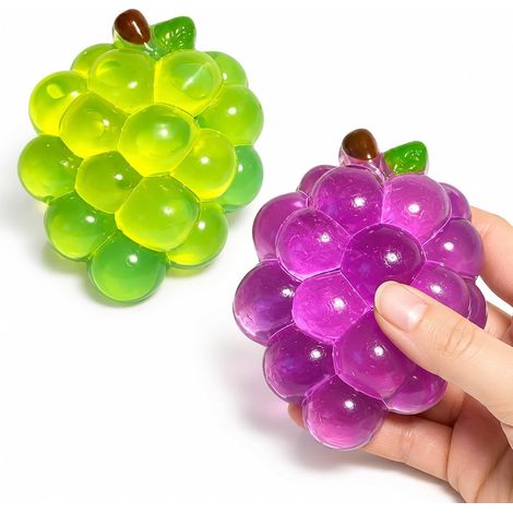 Lot de 2 raisins squishy, outil anti-stress et de concentration. Fruit squishy portable pour le bureau et les études. Ensemble de deux raisins en cristal, vert et violet. (1/5)
