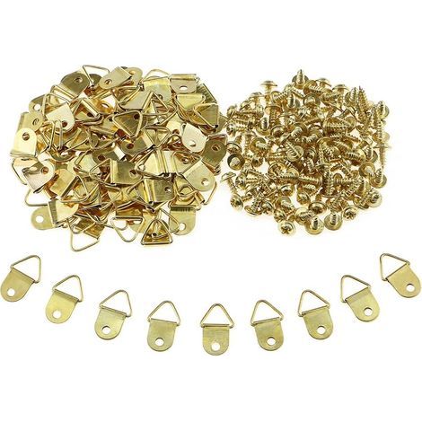 100 Pieces Picture Hangers with 100 Pieces Screws, Small Triangle Ring, Light Duty D Rings for Clock, Decoration, Mirror, Paintings, Artwork Picture Frame (Gold)