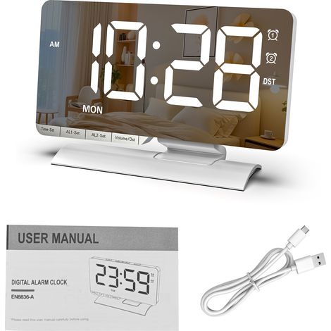 Réveil Digital LED Double Alarme DST Ports USB-C Type C Luminosité Réglable Mode Semaine/Week-end Snooze Blanc (1/5)