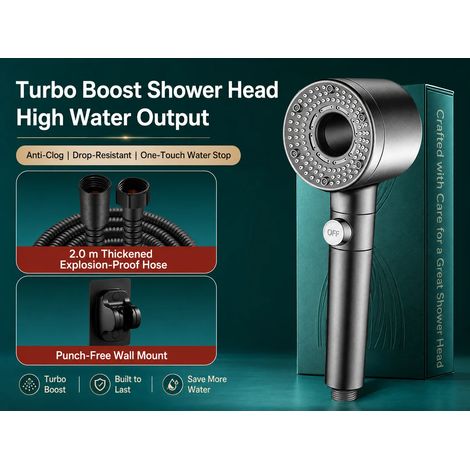 (Ensemble de douche gris 4 pièces) Pommeau de douche haute pression Turbo Fan avec filtre, douchette à main économique, jet à arrêt automatique pour salle de bain (1/5)