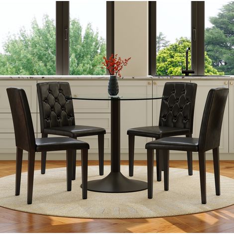 Tisch- und Stuhlset aus Glas und schwarzem Metall, 4-Sitzer, modernes minimalistisches PU-Design (1/5)