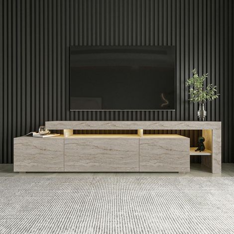 Pier Import – Meuble TV effet travertin – 3 portes et niches – Bois MDF mélaminé – Dimensions 192x37x53 cm – Éclairage LED inclus (1/5)