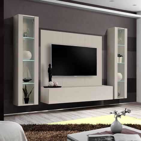 Ensemble Meuble TV Mural "Fly AP2" 260cm Beige Gris