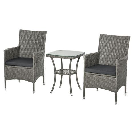 Ensemble de mobilier de jardin en polyrotin, salon de jardin pour 2 personnes, ensemble 3 pièces (2 chaises, table, coussins), gris, idéal pour jardin, terrasse ou balcon. (1/5)