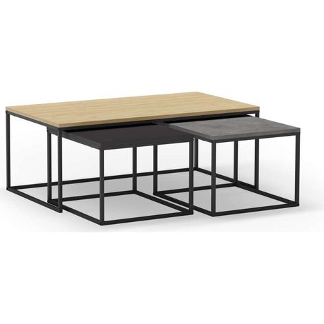 Set de 3 mesas de centro modelo Zoilo acabado roble/cemento/negro, 41.8/37.5cm(alto) 110/55.8cm(ancho) 60/48m(fondo). (1/5)